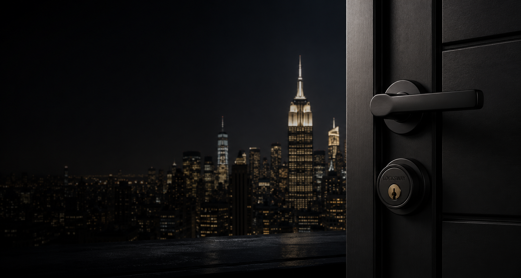 New York City skyline behind a premium Locksway door lock